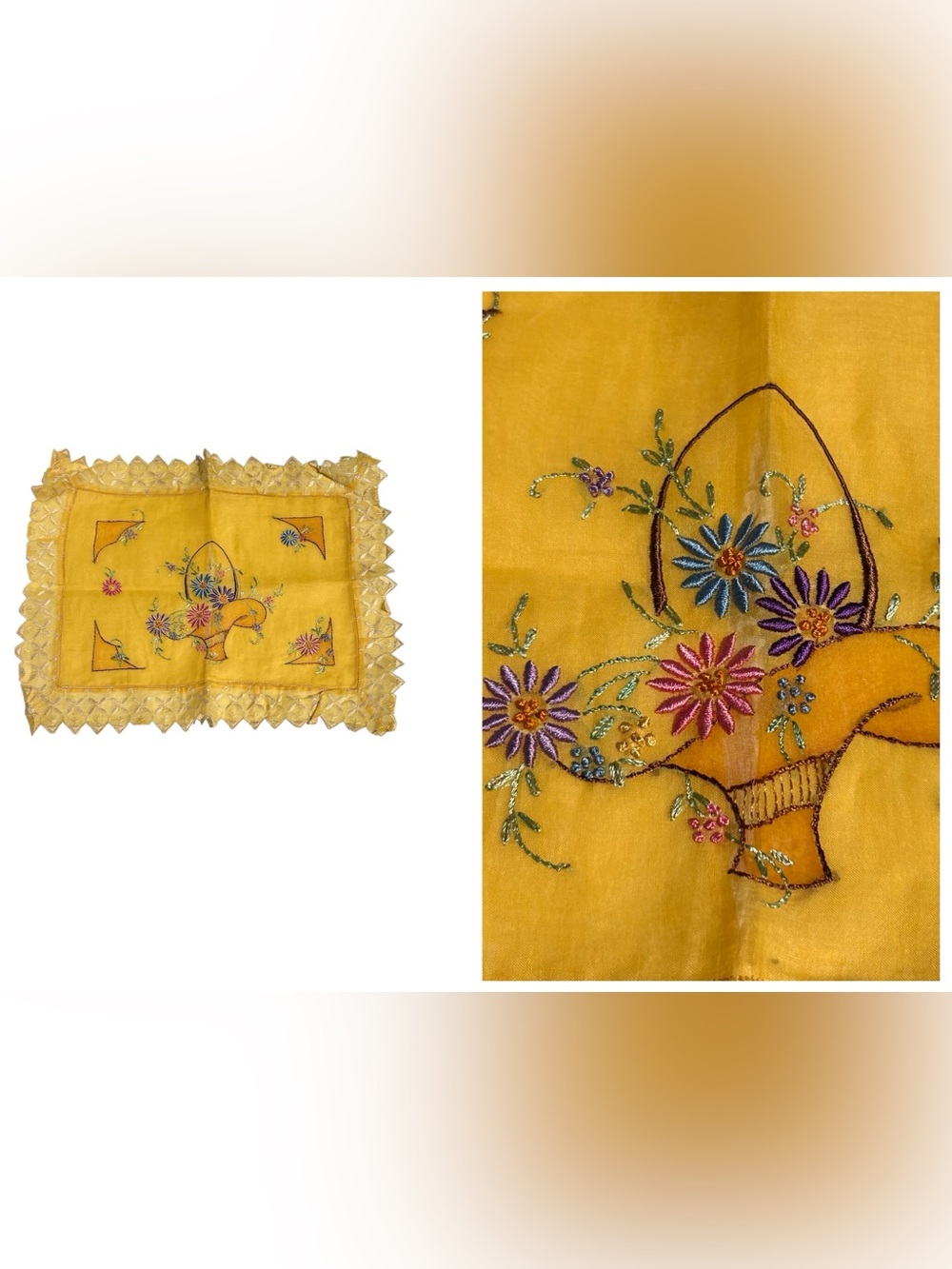 Vintage Pillowcase Colorful Yellow Floral Hand-embroidered EUC
